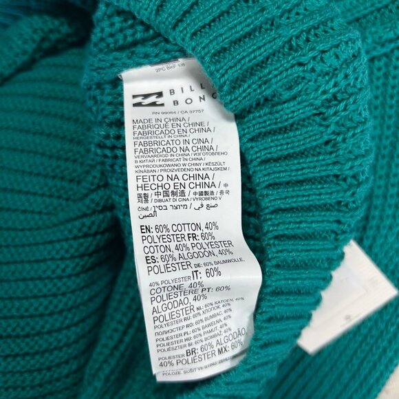 BILLABONG Crop Sweater Sz L Emerald Teal Knit Oversized Long Sleeve Cotton Blend - Picture 13 of 15